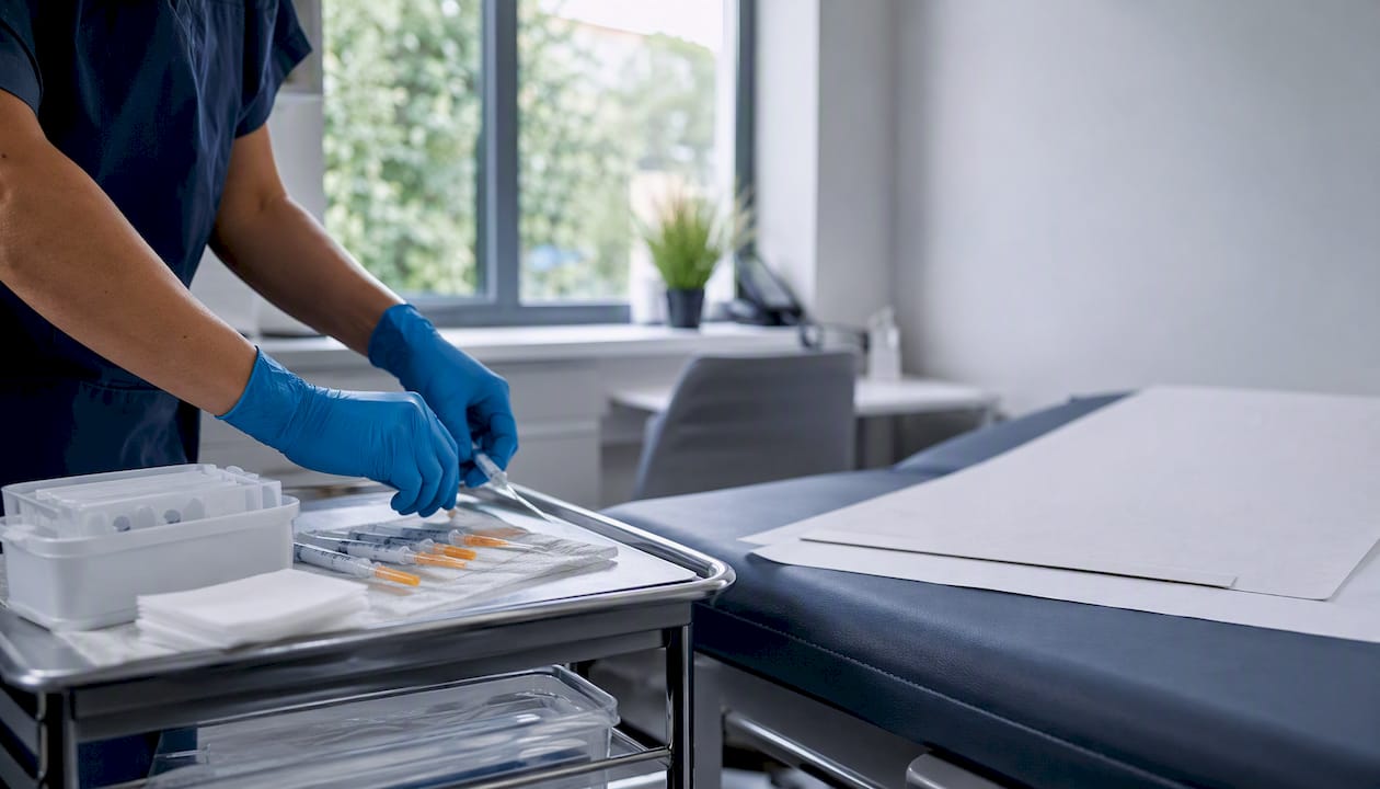 Médico autorizado organizando la documentación y los exámenes requeridos para el formulario I-693