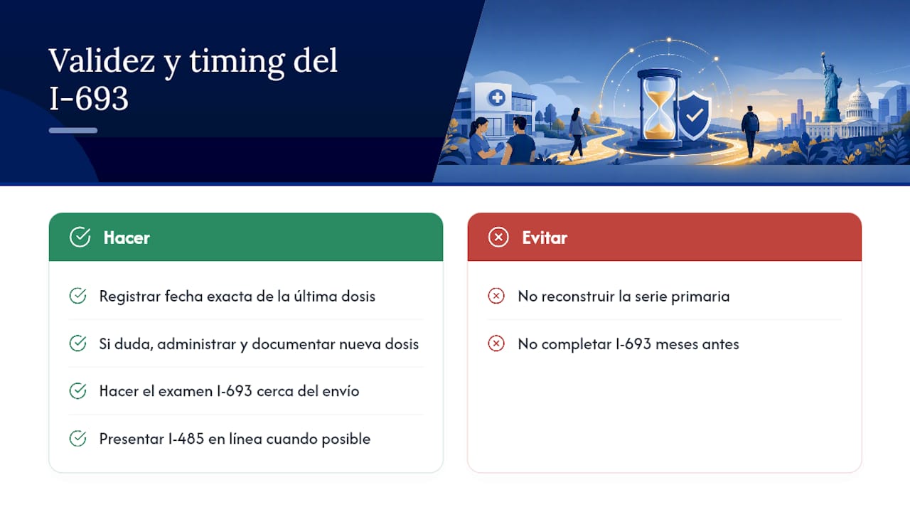 Cuándo cuenta como "al día" y cuánto dura la validez del Form I-693 — overview diagram
