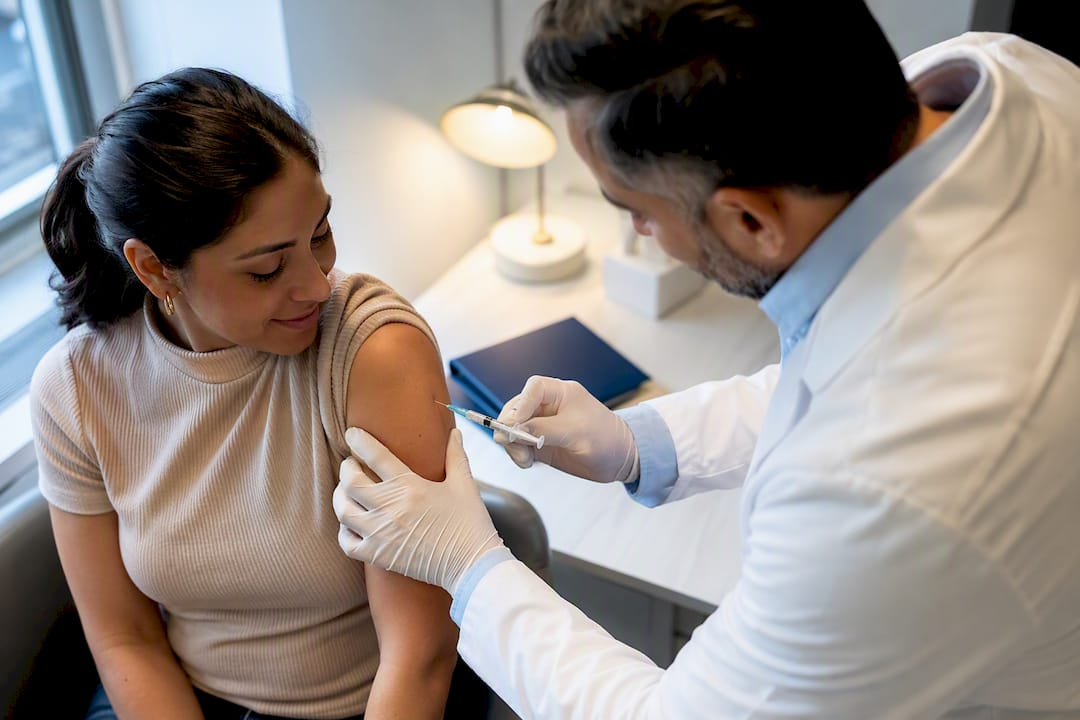 Paciente recibe la vacuna contra la influenza durante el examen migratorio
