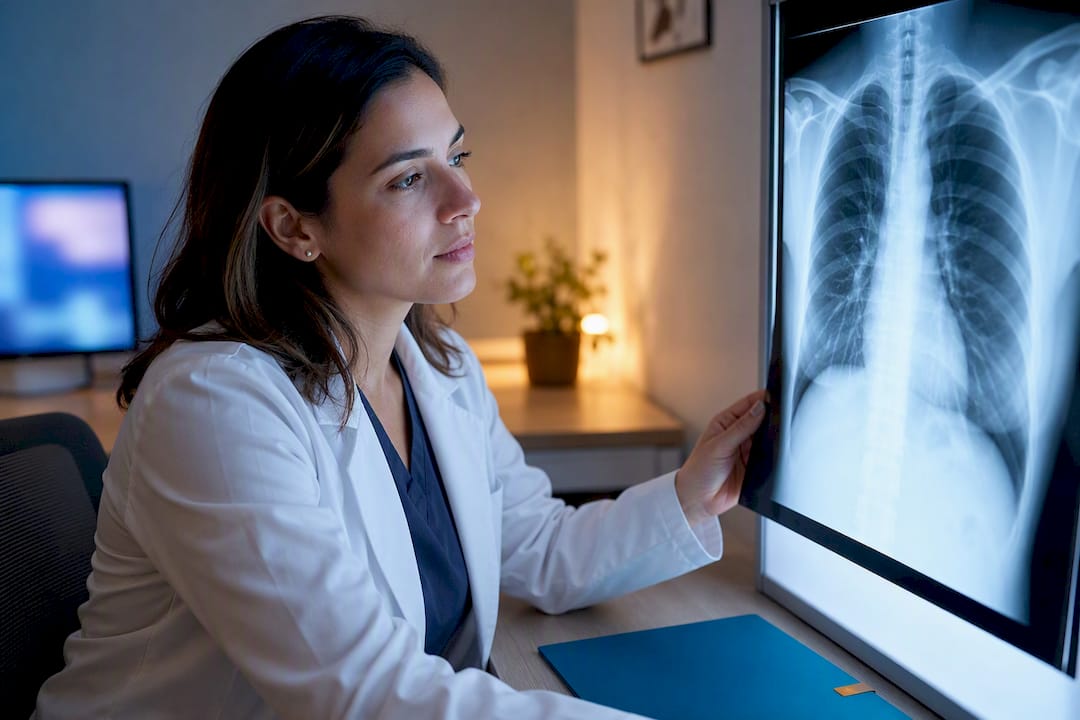 Radióloga analizando una radiografía de tórax