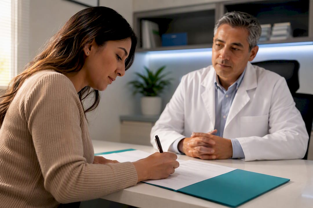 El solicitante firma el formulario I-693 frente al médico