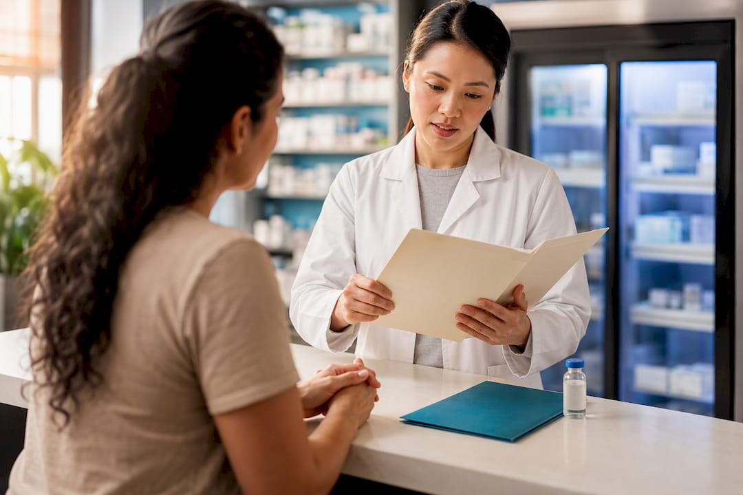 Pharmacist reviewing vaccination history for immigration exam