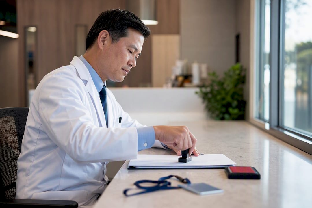 Physician applying signature stamp to paperwork