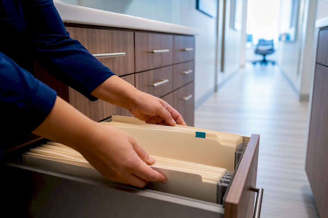 Clinic coordinator retrieving an immigration exam file