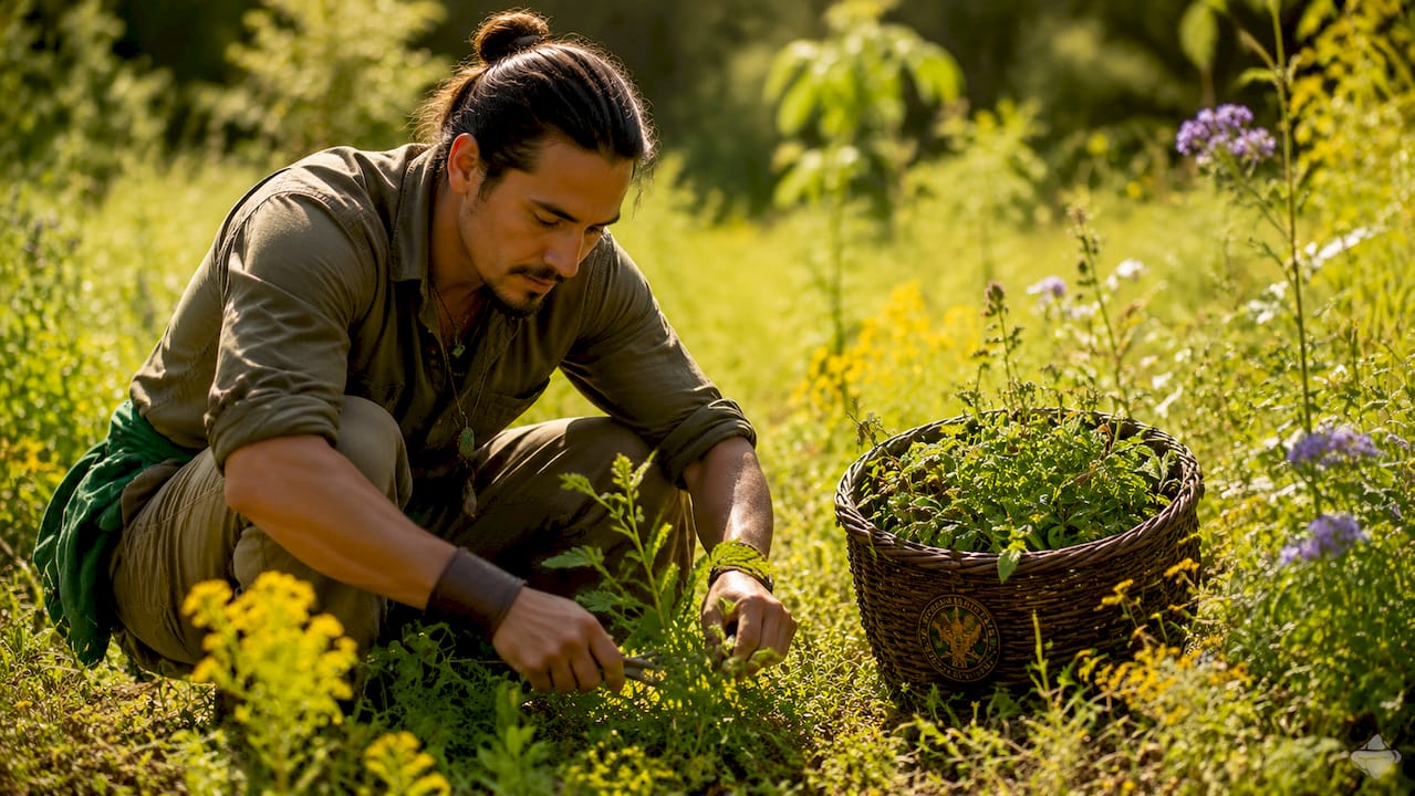 Hands harvesting medicinal plants in forest