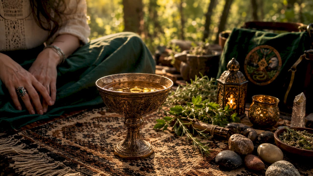Ceremonial chalice on altar with offerings