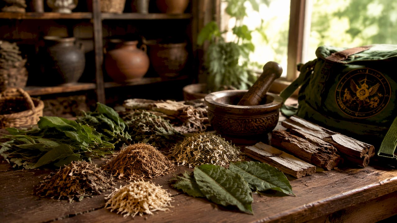Close-up of Amazonian medicinal plants on table