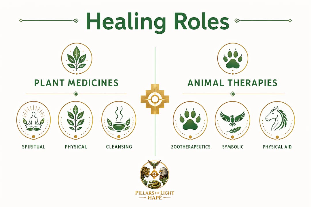 Infographic comparing healing roles of plants and animals