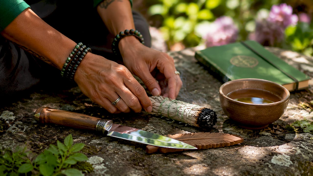 Hands arranging ceremonial tools outdoors