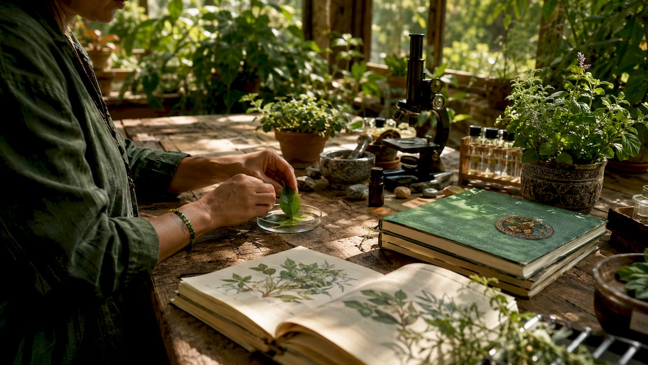 Hands examining leaf sample in botanical lab