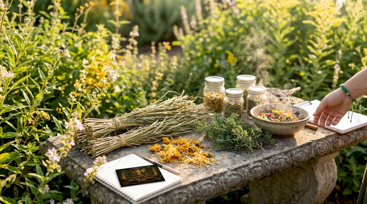 Table with plant spirit medicine herbs and tools