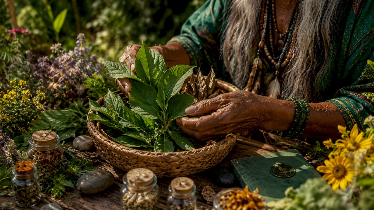 Hands holding medicinal plant leaves indoors