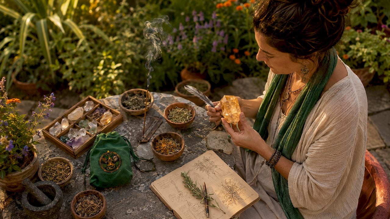 Practitioner examining healing tools and herbs