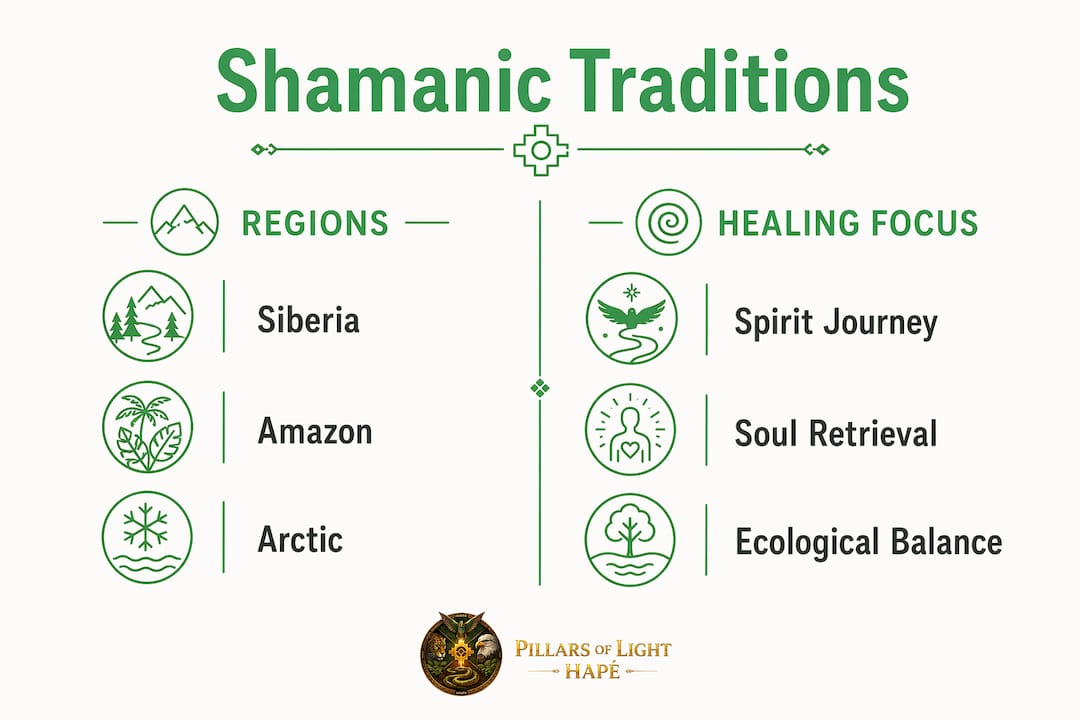 Infographic comparing regions and healing focuses in shamanic medicine
