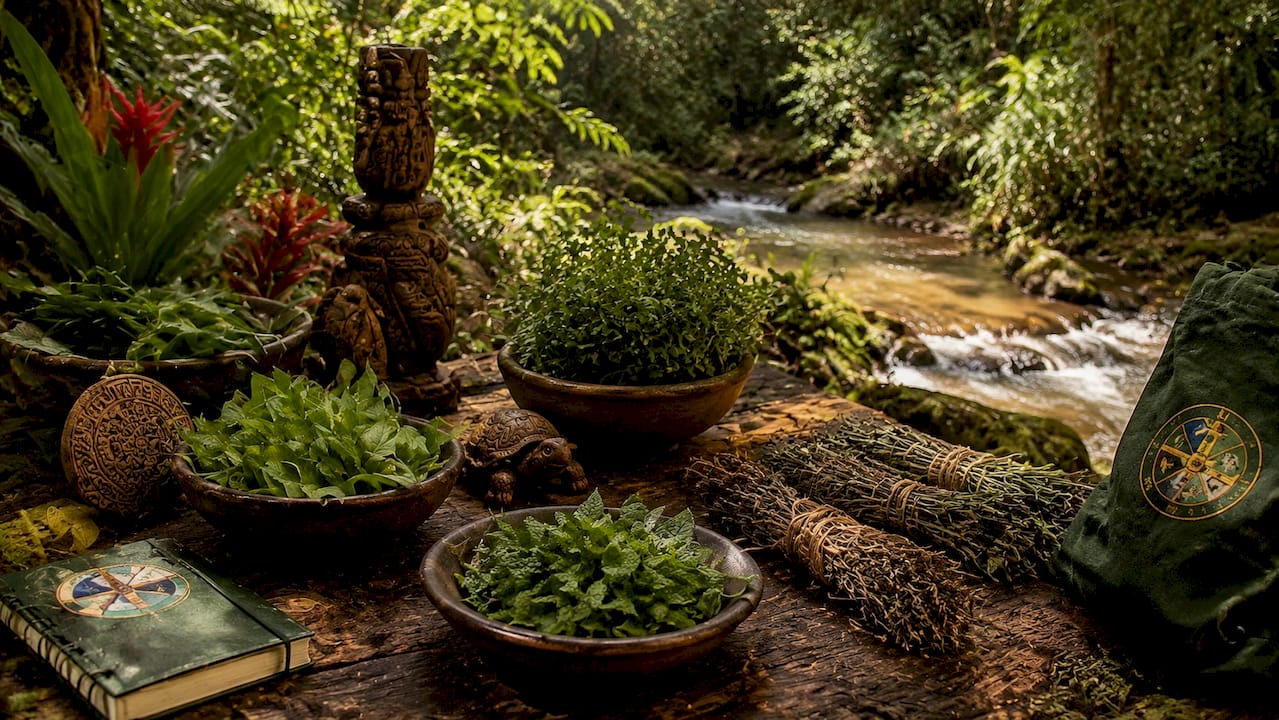 Healer's altar with medicinal plants and ritual tools