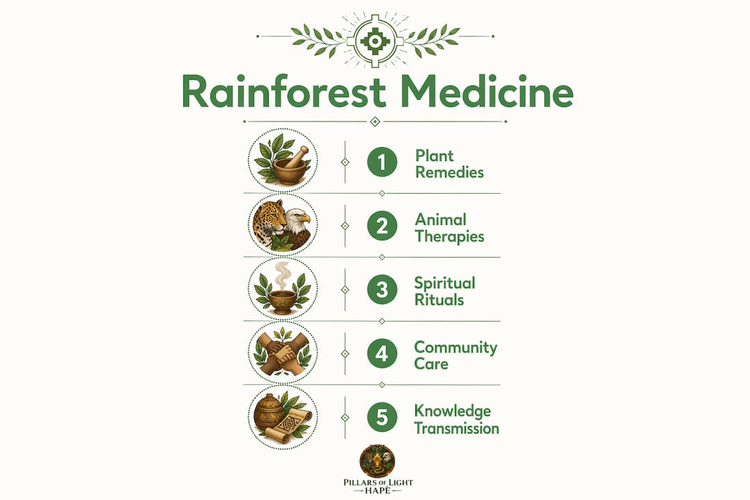 Infographic showing key stages of rainforest medicine tradition