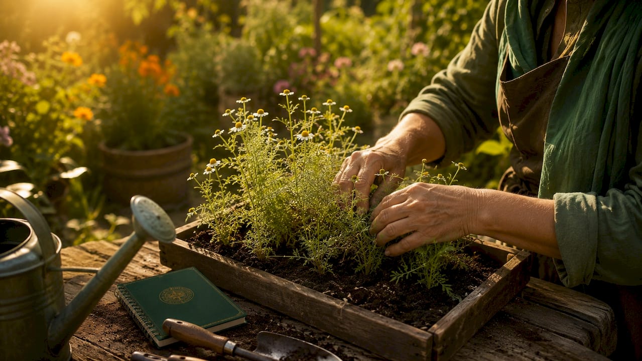 Hands planting chamomile seedlings in small pots