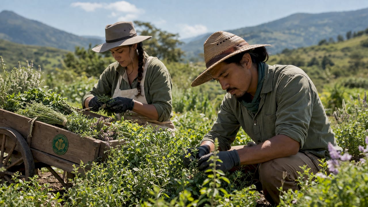 Two farmers harvesting herbs on a hillside fair trade farm