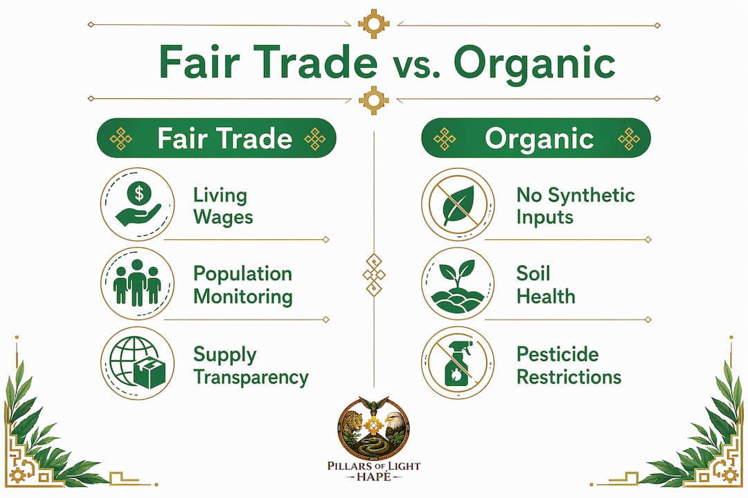Infographic comparing fair trade and organic plant medicine principles