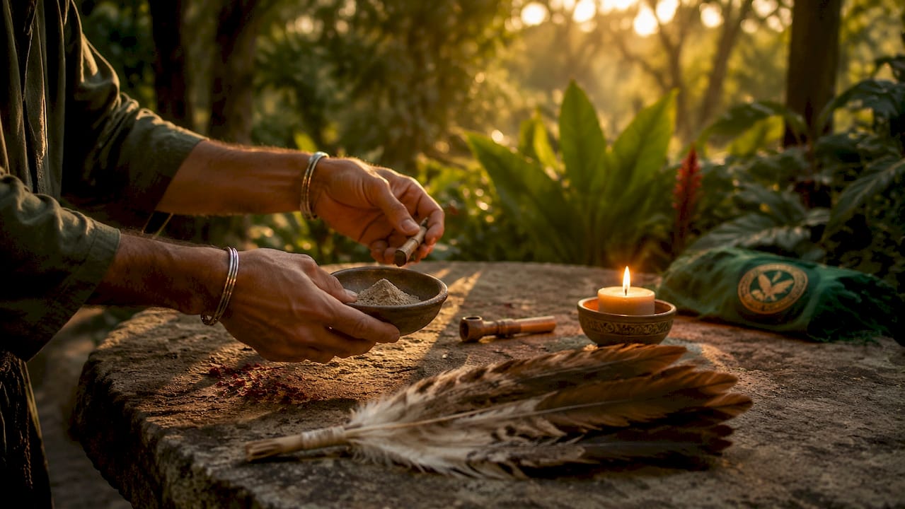 Hands arranging ceremonial breathwork tools