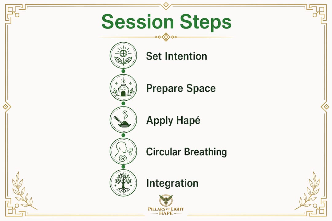 Infographic illustrating Hapé breathwork session steps