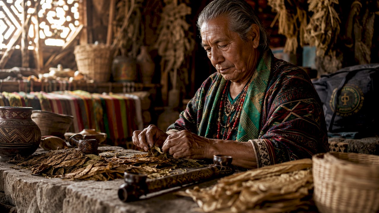 Hands preparing Amazonian ceremonial tobacco indoors