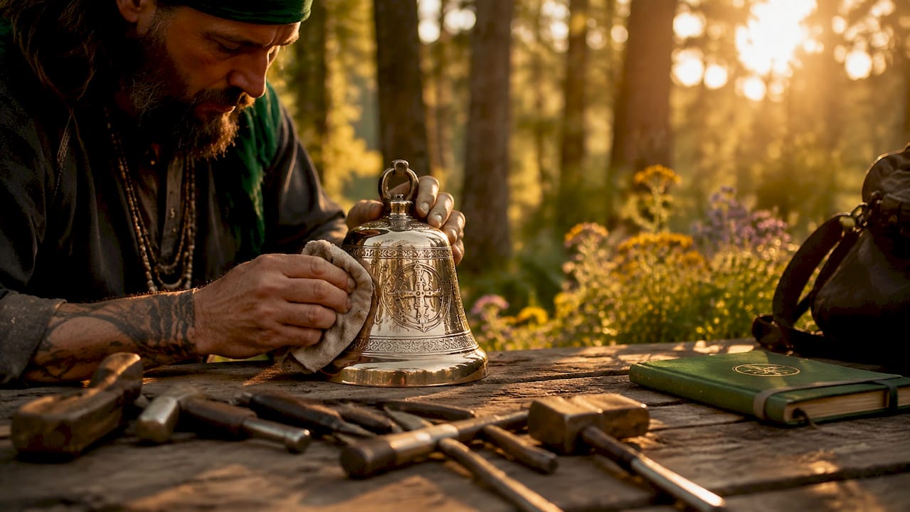 Hands sanding engraved metal ceremonial bell