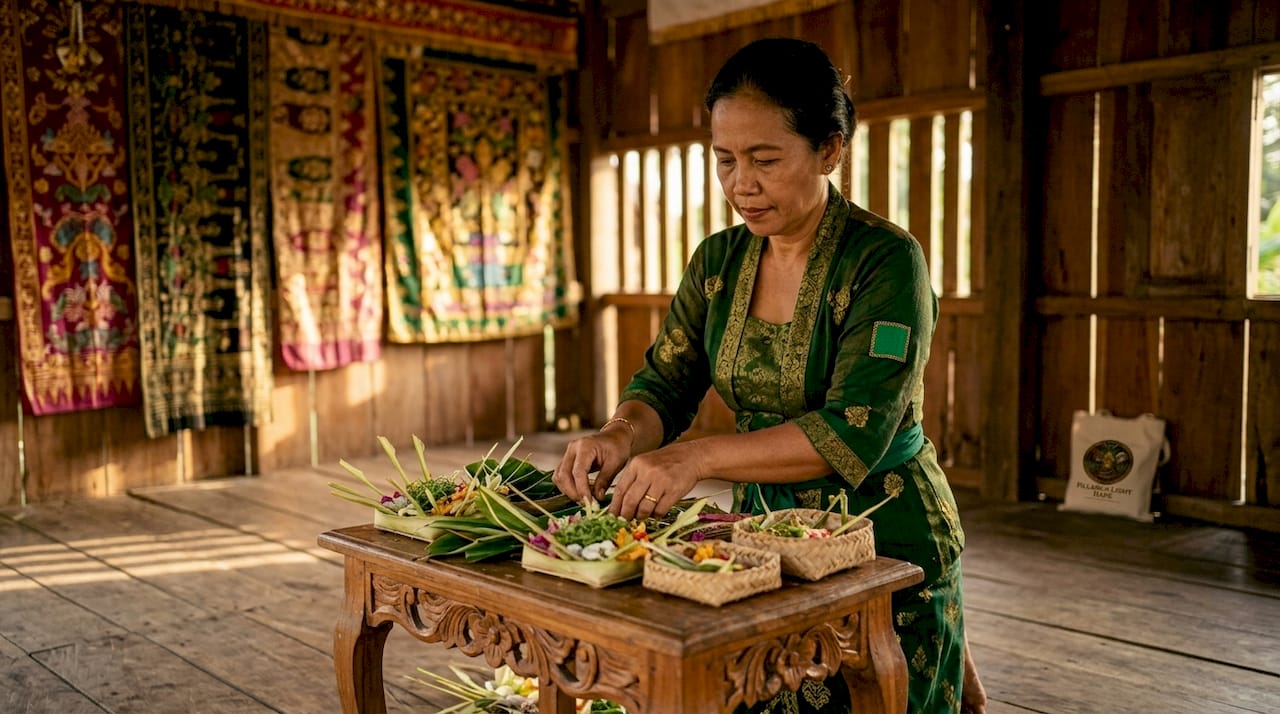 Indonesian woman preparing ritual leaves