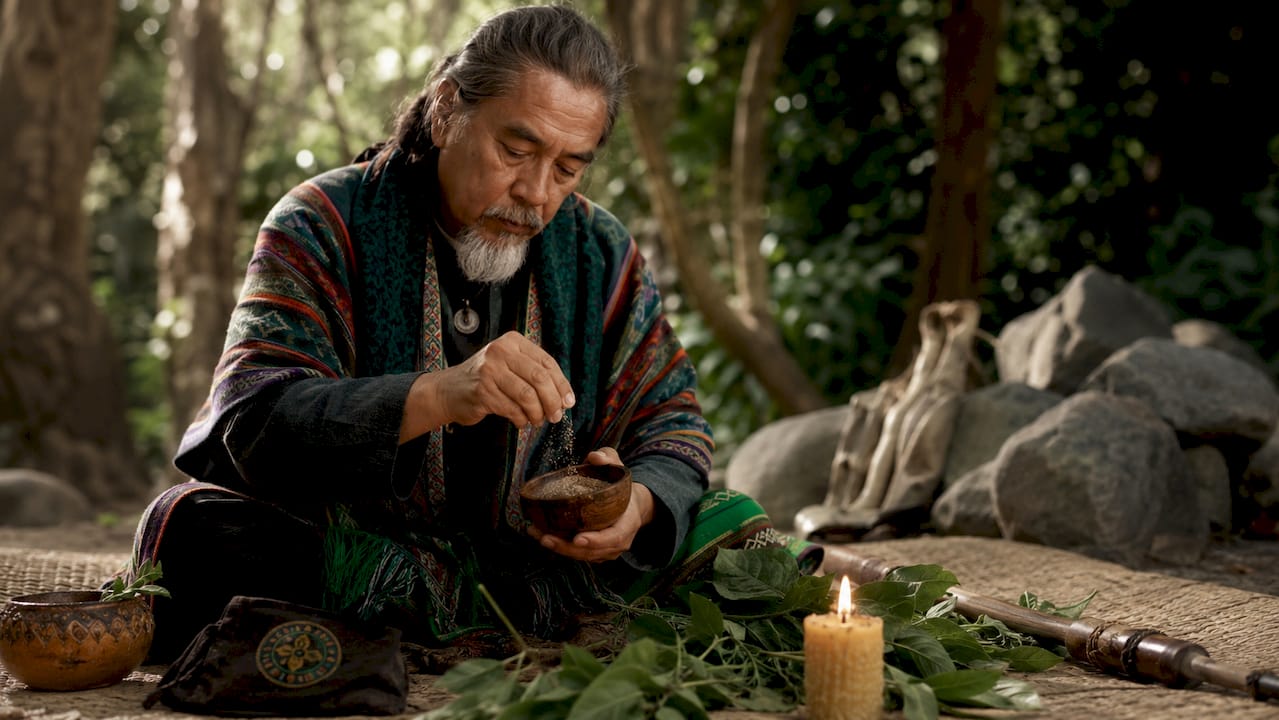 Hands preparing hapé powder with sacred objects.