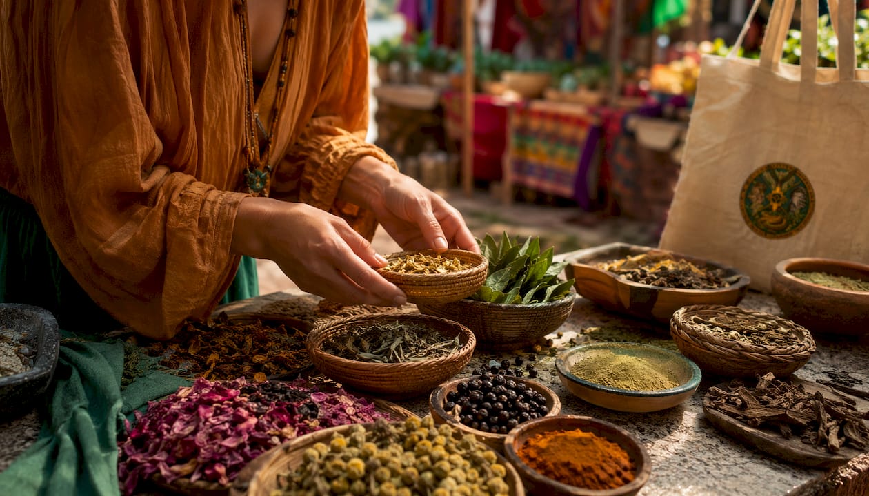 Hands arranging Amazonian botanical products outdoors