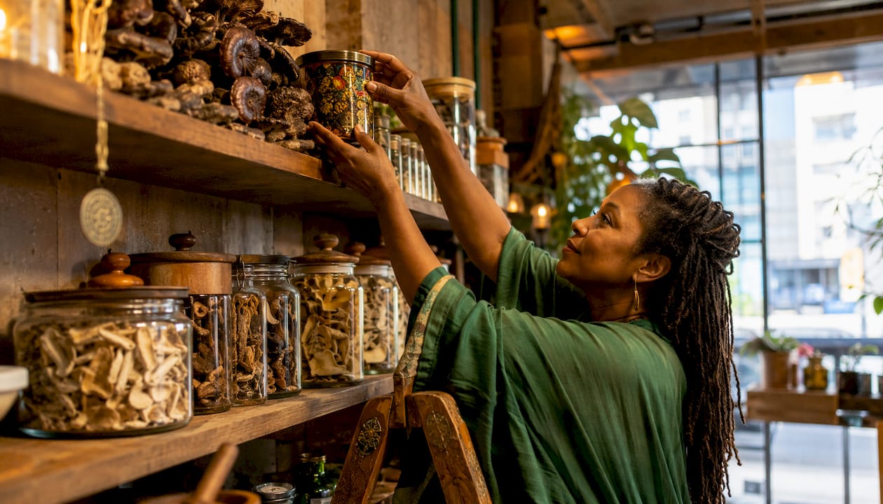 Shopkeeper arranging medicinal mushrooms and botanicals in store