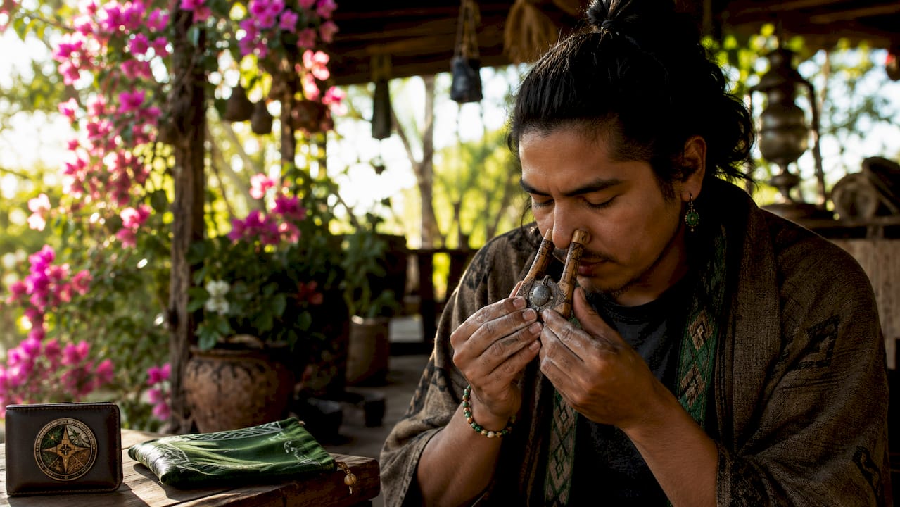 Hands administering hapé snuff with kuripe pipe
