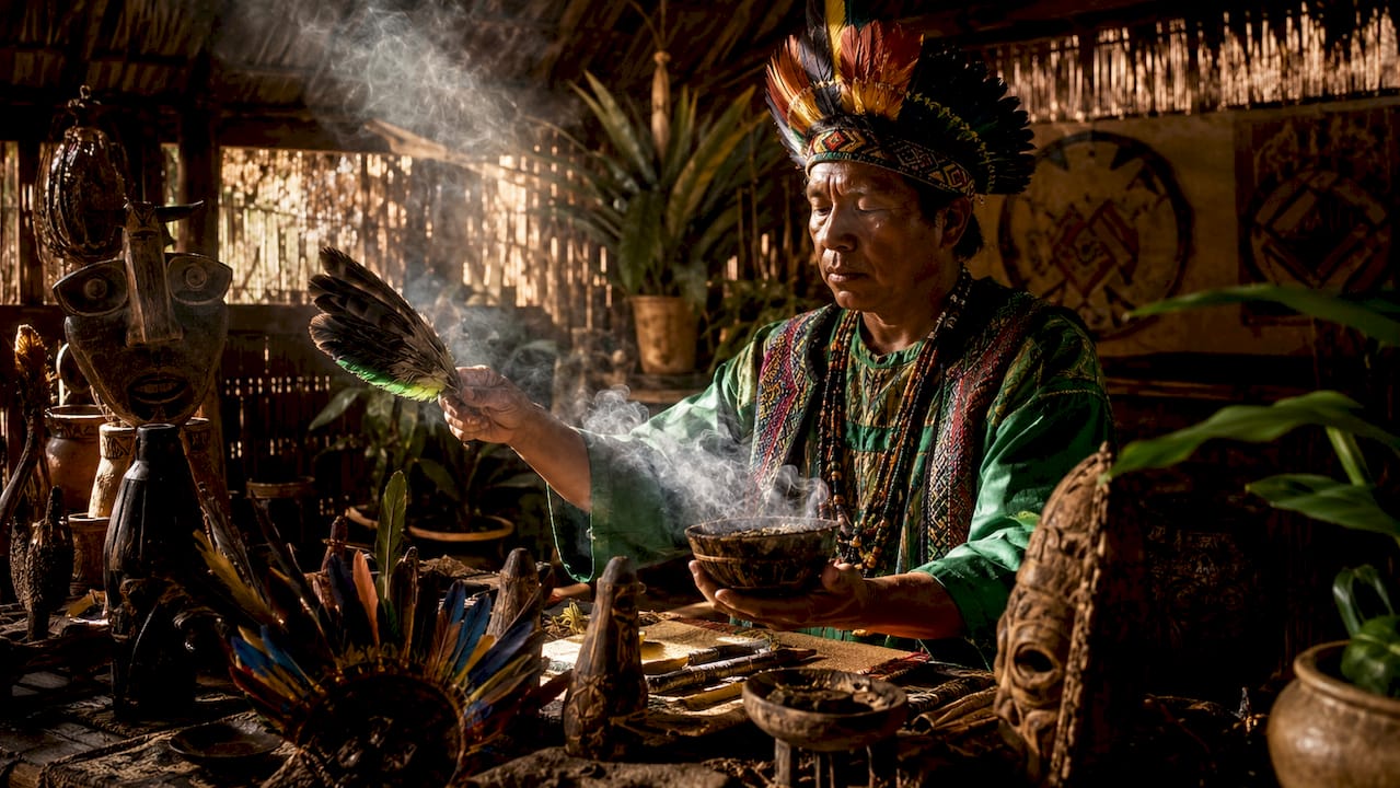 Curandero cleansing ceremonial space with tobacco smoke