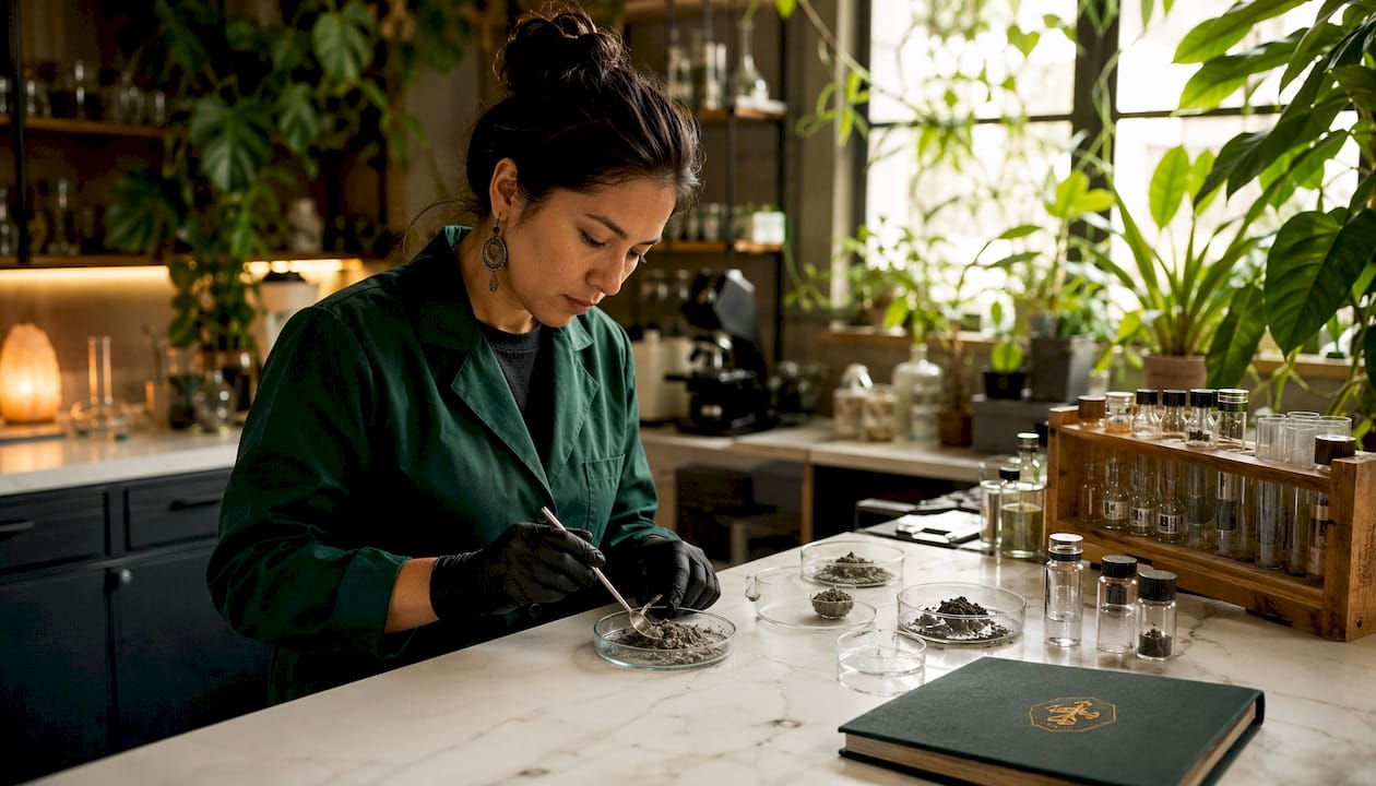 Technician handling mineral ash sample in laboratory