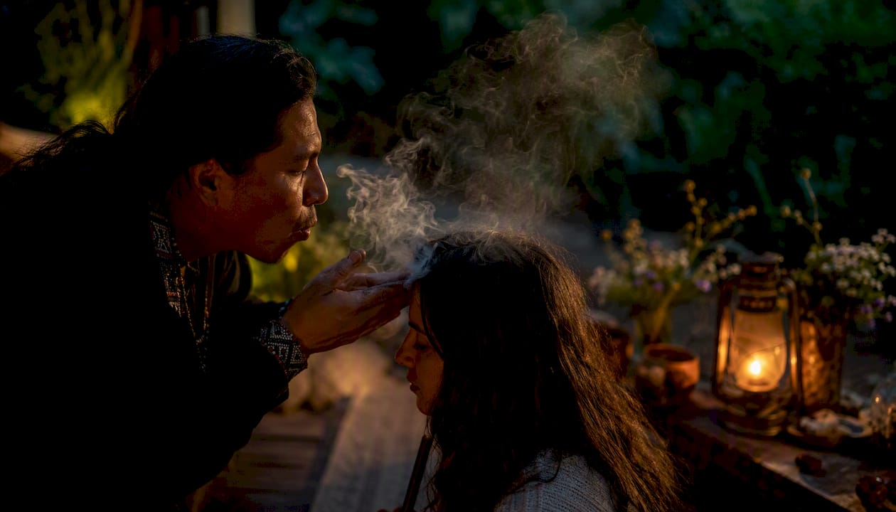 Hands blowing Mapacho tobacco smoke in ceremony