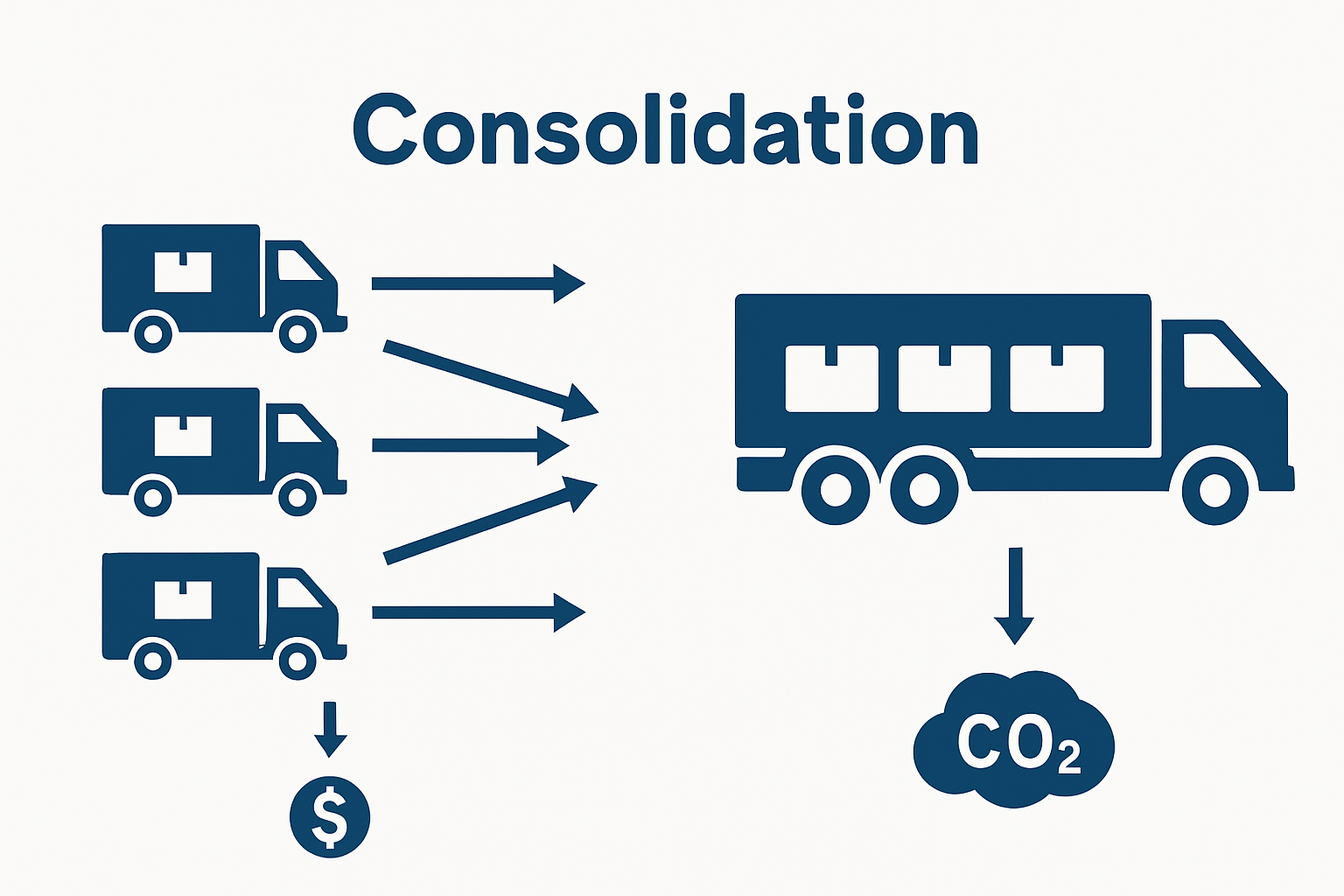 Visual comparison of individual versus consolidated freight shipments showing cost and emissions