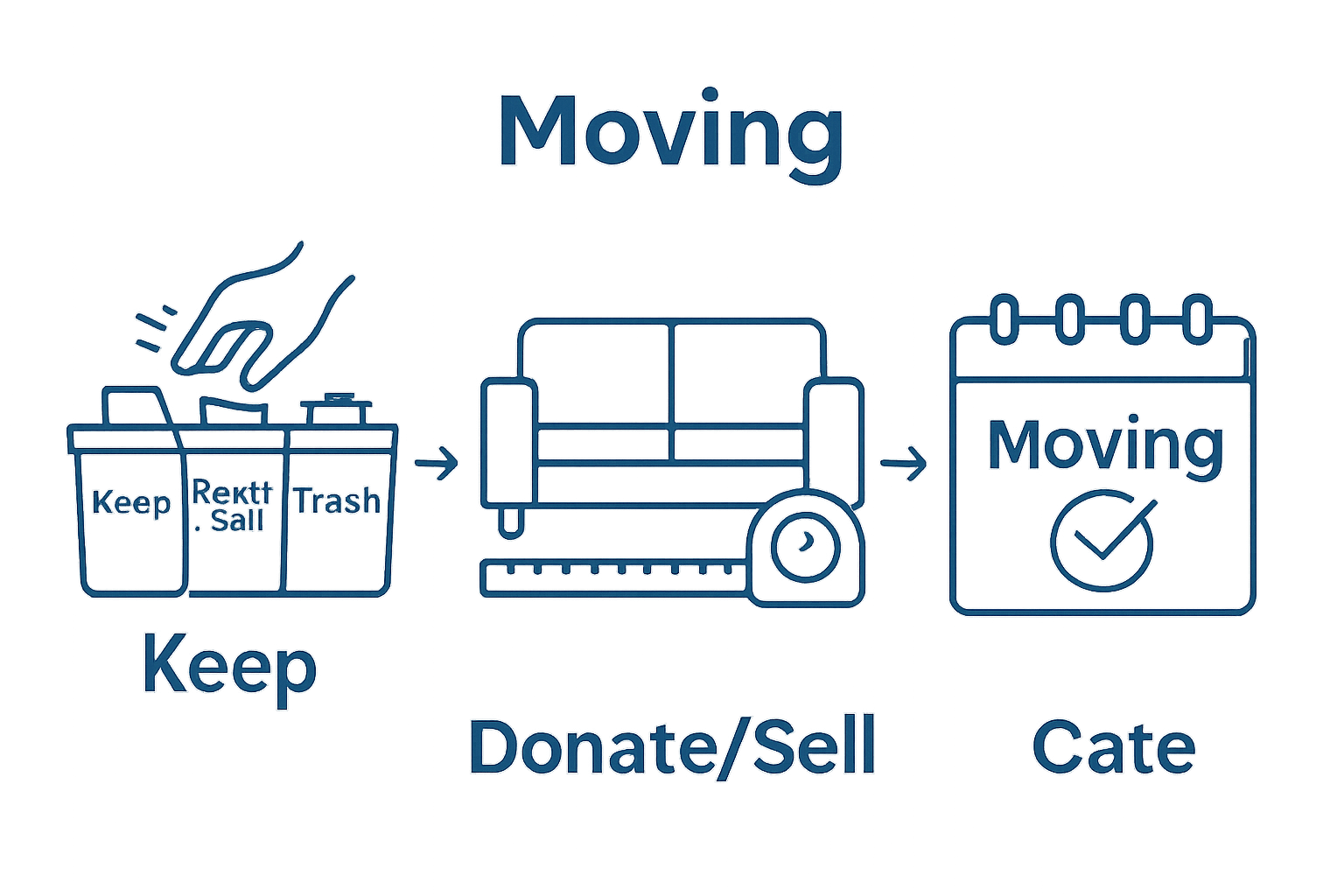Infographic showing three steps for assessing last minute moving needs: sorting, measuring, and scheduling.