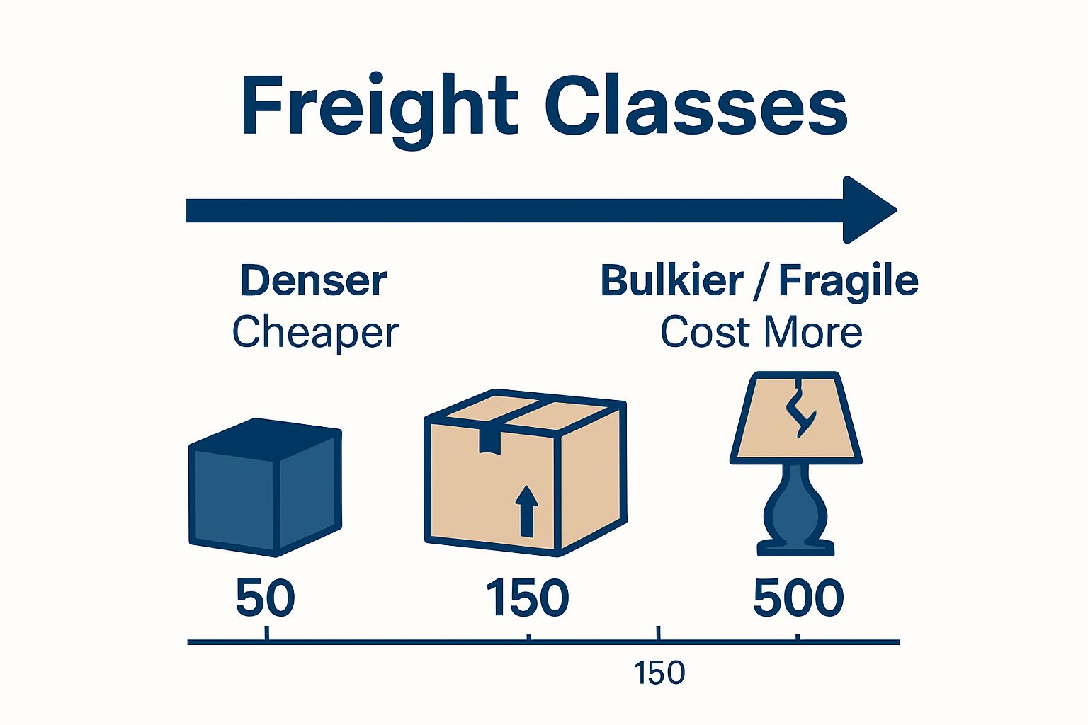 Infographic showing three example NMFC freight classes by density and shipping cost