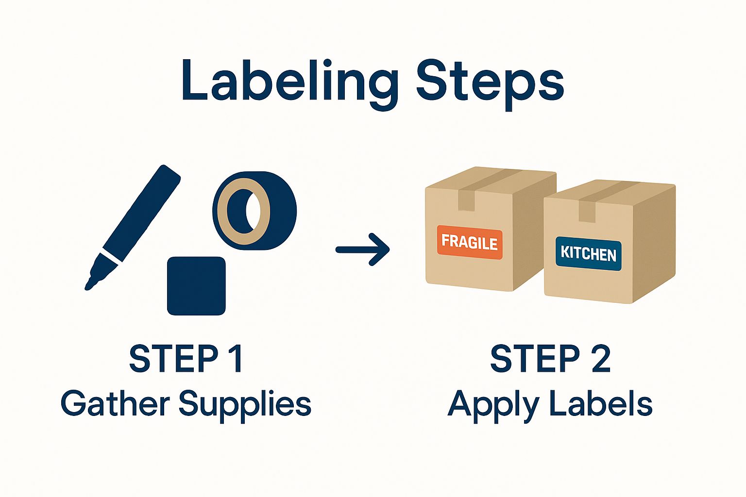 Infographic workflow showing labeling supplies and labeled boxes