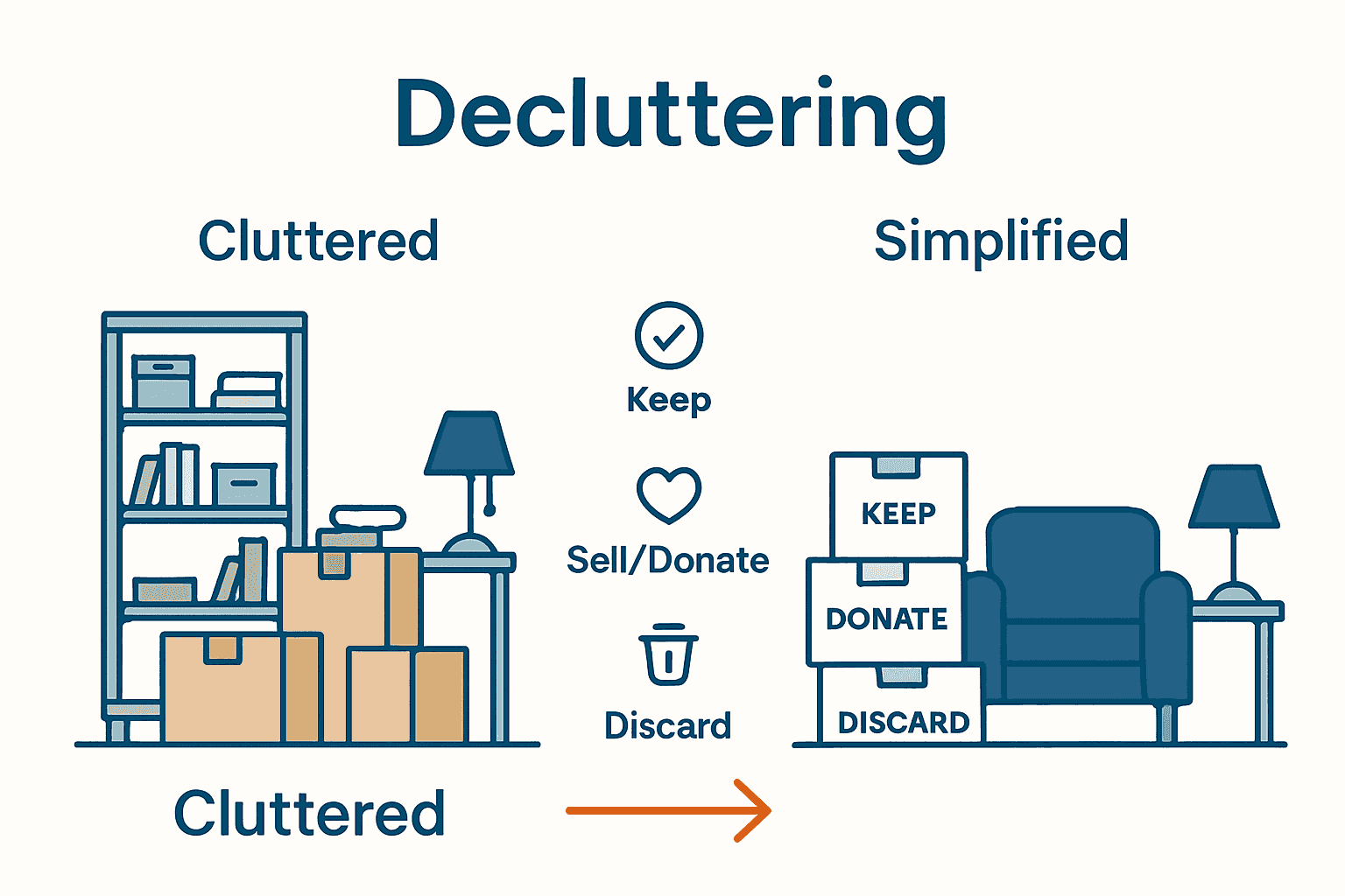infographic showing cluttered vs decluttered home before and after downsizing