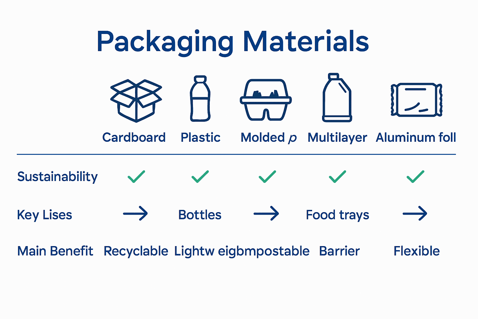 Infographic comparing packaging materials by use and sustainability.