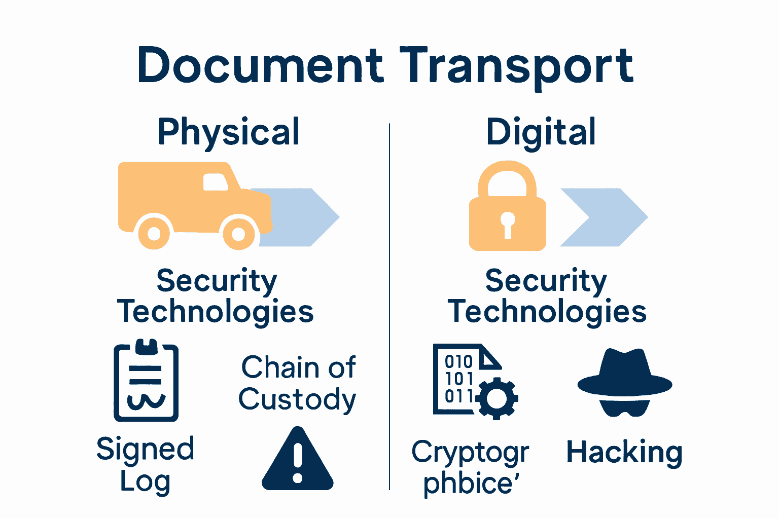 Infographic comparing physical and digital document transport methods with icons and process arrows