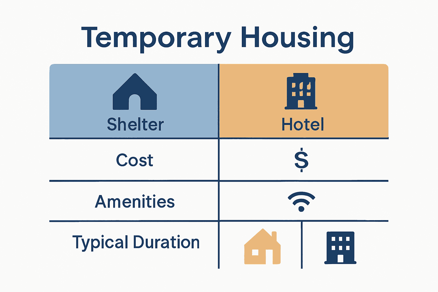 Infographic comparing cost, amenities, and duration for US temporary housing types