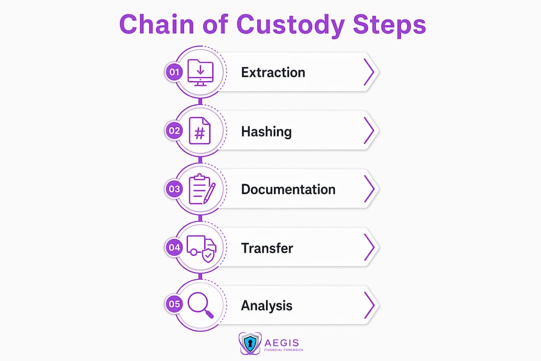 Infographic showing chain of custody steps for crypto evidence
