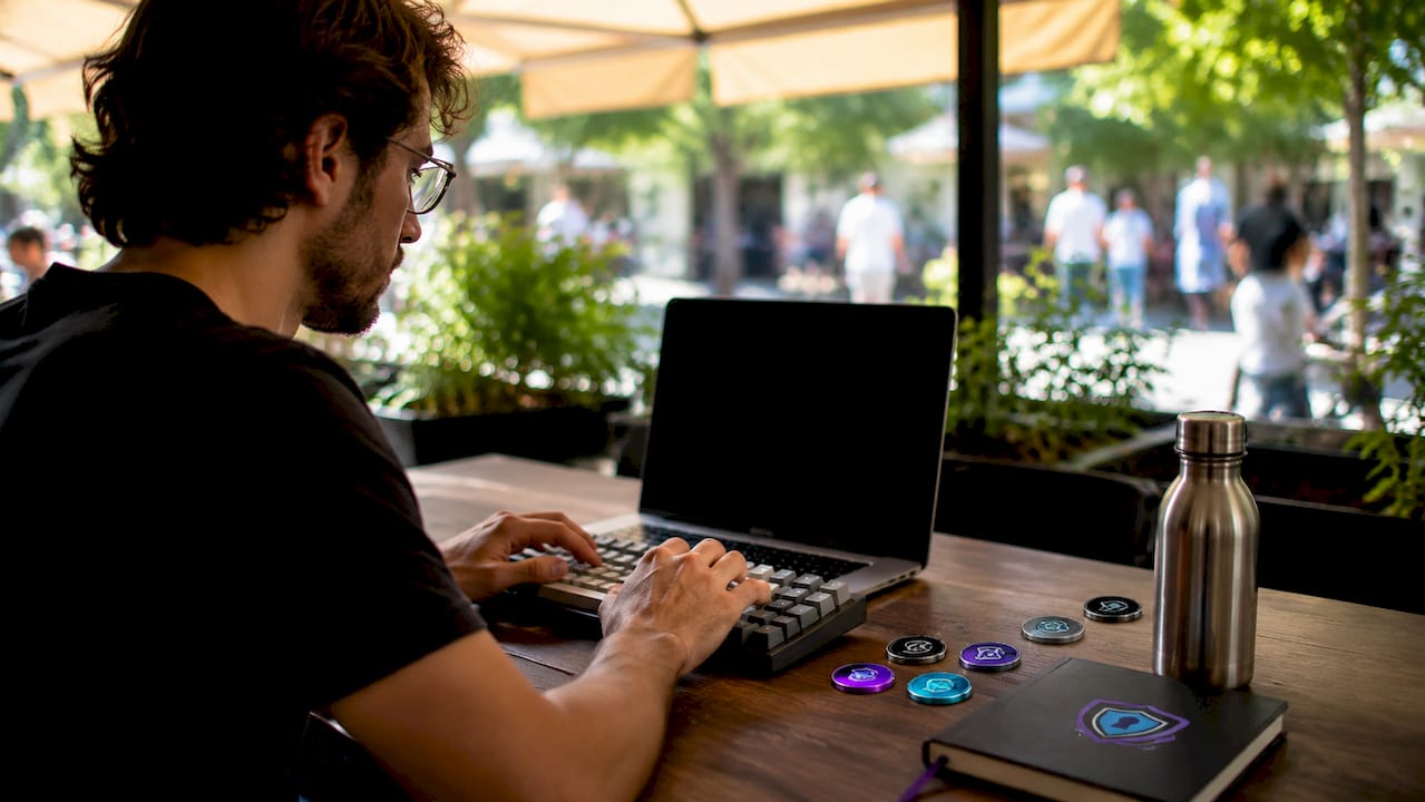 Hands typing with blockchain tracking tools nearby
