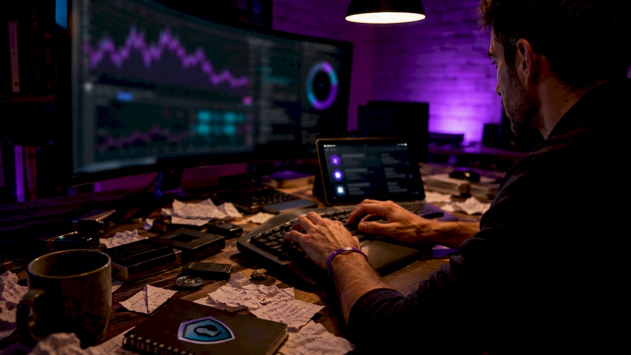 Hands typing on keyboard next to crypto hardware wallet