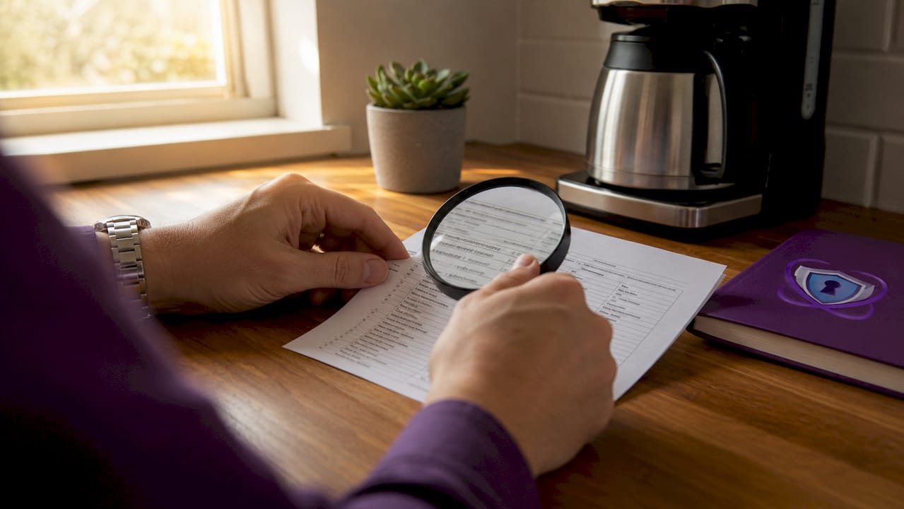 Hands inspecting printed transaction hash with magnifier