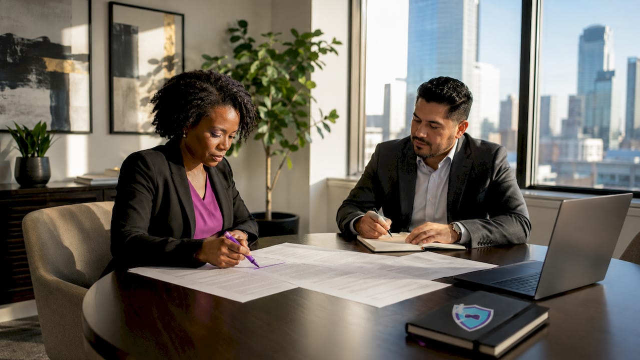 Hands holding court injunction papers on table