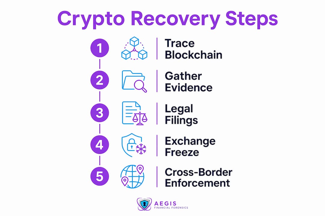 Infographic showing five steps of crypto recovery process