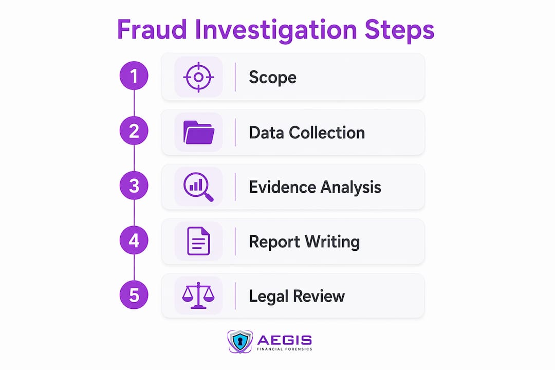Infographic illustrating five key fraud investigation steps